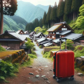 Туристический красный чемодан на колесиках стоит на тропе в японских горах, окружённых зелёными деревьями и старинными деревянными домиками с черепичными крышами