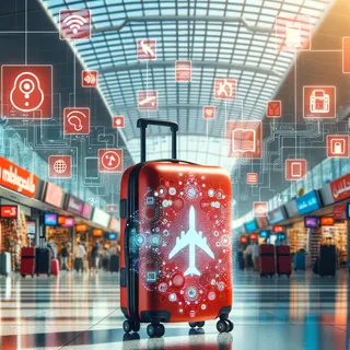 Красный чемодан, стоящий на фоне аэропорта Марокко с магазинами и символикой мобильной связи