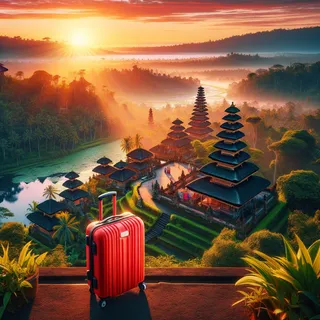 Южный Бали, озаренный восходом солнца, с храмами и ландшафтами, среди которых яркий красный чемодан