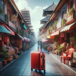 Изображение (не иллюстрация) только в очень реалистичном кинематографическом стиле. На изображении должен присутстовать красный туристический чемодан на колесиках. На изображении не должно быть людей.. Тема изображения: Магазины и торговые центры Бали, Индонезия