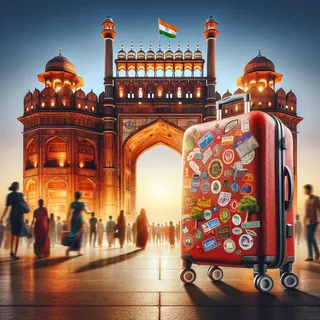 Гиперреалистическое изображение красного туристического чемодана на колесиках у ворот Индии в Дели
