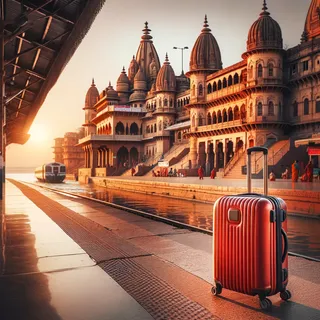 Красный чемодан на колесиках стоит на платформе железнодорожной станции, окруженный экзотической архитектурой Варанаси, в лучах закатного солнца