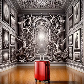 Красный туристический чемодан на колесиках в центре музейного зала, на стенах иллюзии и произведения искусства в реалистичном кинематографическом стиле