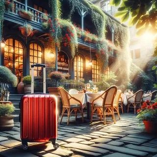 Красный туристический чемодан на колесиках стоит на фоне грузинского ресторанчика, столики на улице, солнечный день, зелень вокруг, блюда грузинской кухни на столах, реалистичный стиль, кинематографическое освещение