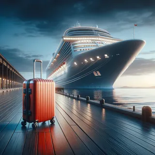 Изображение круизного лайнера у пристани, с красным чемоданом на колесиках на переднем плане, в очень реалистичном кинематографическом стиле, без людей