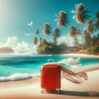 Фотография пляжа на Бали с лёгким бризом и красным чемоданом на переднем плане, расположенного на фоне лазурного моря и экзотических пальм