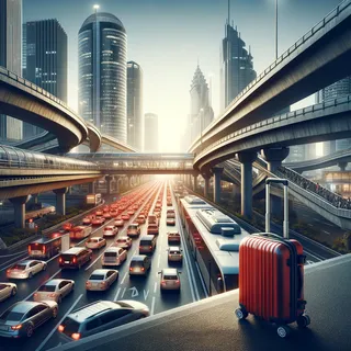 Кинематографический вид на современную транспортную инфраструктуру города, на переднем плане красный туристический чемодан на колесиках, множество автомобилей, современные здания вдалеке, дневное освещение