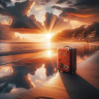 Пляж Бали на закате, красный чемодан на песке, с отражением солнца на воде, в реалистичном кинематографическом стиле