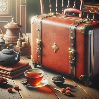Реалистичное изображение в кинематографическом стиле с красным туристическим чемоданом на колесиках, рядом с которым расположены чайные принадлежности и традиционный цейлонский чай в элегантной чайной комнате