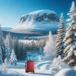 Шведский пейзаж с заснеженными деревьями, ясным голубым небом и красным туристическим чемоданом на колесиках у подножия снегопокрытой горы