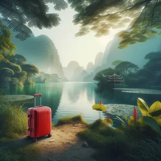 Озеро Хоан Кием, Вьетнам, с красным туристическим чемоданом на фоне спокойной водной глади и зелени, реалистичный кинематографический стиль