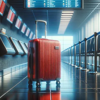 Чемодан на колесиках красный, стоит на полу в аэропорту, на заднем плане виднеются стойки регистрации, реалистичный кинематографический стиль