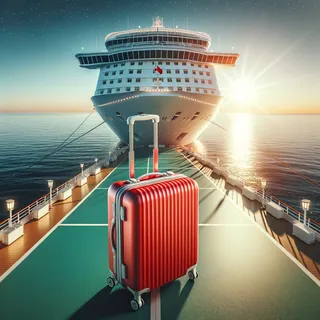 Красный туристический чемодан стоит на фоне огромного белоснежного лайнера, который готовится к отплытию. Лайнер стоит на фоне мерцания закатного солнца над спокойным океаном. Чистая палуба судна указывает на высокий уровень комфорта, ожидающего путешественников. Камера немного расположена сверху и спереди чемодана, подчеркивая его яркость. Все изображение передает атмосферу приключения и роскоши.