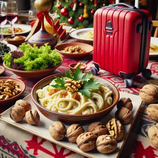 Крупным планом праздничный стол в Грузии с блюдом Сациви, окруженный грузинскими орехами, зеленью в яркой посуде и красный туристический чемодан на колесиках