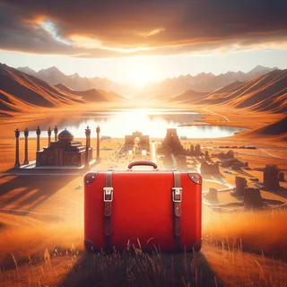 Изображение красного туристического чемодана на фоне природных и исторических достопримечательностей Казахстана в кинематографическом стиле