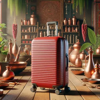 максимально гиперреалистичное изображение, на котором изображен красный туристический чемодан на колесиках на фоне традиционного индийского интерьера с присутствующими аюрведическими атрибутами - растениями, маслами, медной посудой. На изображении не должно быть людей