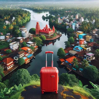 Город Керала, вид с высоты птичьего полета, с красным туристическим чемоданом на колесиках в центре на фоне природы