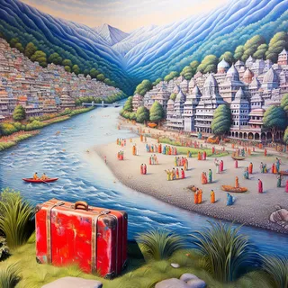 Очень реалистичное изображение летнего сезона в Ришикеше, рисованный красный туристический чемодан