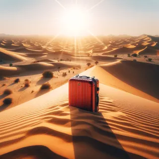 Пустыня Тар в Раджастхане с солнцем, песчаными дюнами и красным туристическим чемоданом на колесиках