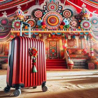 Красный чемодан на колесах, стоящий на фоне яркого фестивального шатра с традиционными украшениями и цветочными гирляндами