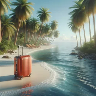 Реалистичное изображение приморской зоны с красным туристическим чемоданом на колесиках на пляже среди пальм и белого песка