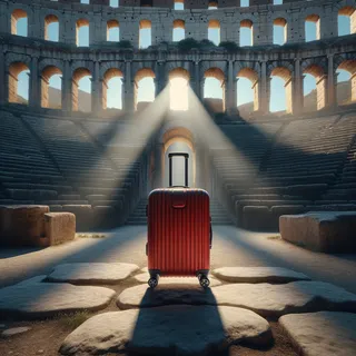Реалистичная кинематографическая сцена с красным туристическим чемоданом на колесиках в древнеримском амфитеатре