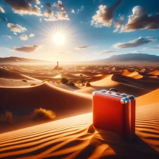 Красивый марокканский пейзаж с красным чемоданом, стоящим среди золотистых песков пустыни, на фоне надежно укрытого солнцем под голубым небом