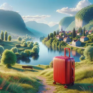Реалистичное кинематографическое изображение живописных пейзажей Лесковца с красным туристическим чемоданом на колесиках на переднем плане, без людей