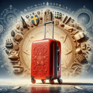 Изображение (не иллюстрация) только в очень реалистичном кинематографическом стиле. На изображении должен присутстовать красный туристический чемодан на колесиках. На изображении не должно быть людей.. Тема изображения: - История Швеции — важные исторические события, культурное наследие, ключевые даты.