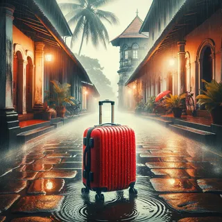 Период дождей на Шри-Ланке с кинематографическим акцентом на красный туристический чемодан на колесиках