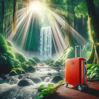 Изображение водопада в джунглях на Бали, окруженного густой зеленью, освещенного солнечными лучами; у него стоит красный туристический чемодан на колесиках, кинематографический реализм