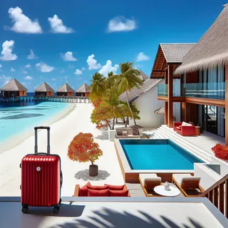 Роскошный курорт на острове Вилингили с видами на белый песок и голубую воду, на переднем плане красный чемодан на колесиках
