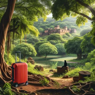 Фотография тропической джунгли Рантамбора, среди зелени стоит ярко-красный туристический чемодан на колесиках, на заднем плане видна древняя крепость и небольшое озеро