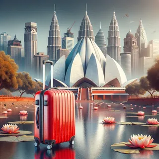 красный туристический чемодан рядом с современными высотными зданиями и Лотосовым храмом, гиперреалистичный стиль, очень детально и четко, без людей