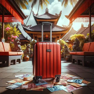 Изображение (не иллюстрация) только в очень реалистичном кинематографическом стиле. На изображении должен присутстовать красный туристический чемодан на колесиках. На изображении не должно быть людей.. Тема изображения: деньги на Бали: сколько взять, где обменять и как не потерять