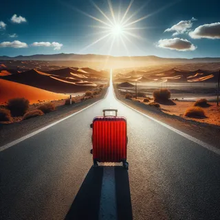 Длинная дорога через марокканскую пустыню под ярким голубым небом, на обочине которой стоит красный туристический чемодан на колесиках, отражающий солнечные лучи