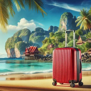 Красный туристический чемодан на колесиках на фоне экзотического таиландского пейзажа со сверкающим морем и пальмами
