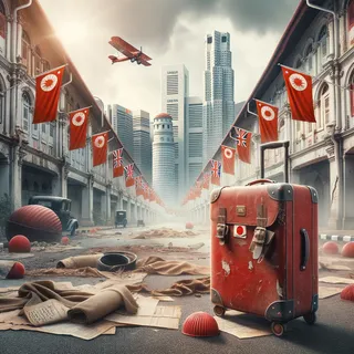 Реалистичное изображение Сингапура во время Второй мировой войны с красным туристическим чемоданом на колесиках, лежащим на разрушенной улице на фоне окупационных японских флагов