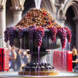 Фонтан с виноградным соком, капли сока падают в большой котел с орехами, на заднем плане красный чемодан на колесиках