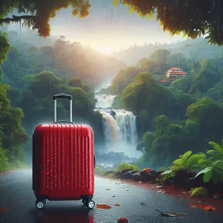 Красный туристический чемодан на колесиках, сверкающий под каплями дождя на фоне живописного тропического ландшафта Гоа в муссонный сезон. Реалистичное кинематографическое изображение лесов, водопадов и буйной растительности.