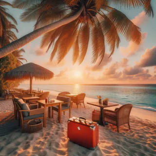 Уютное кафе на берегу океана, красный чемодан, пальмы, закат