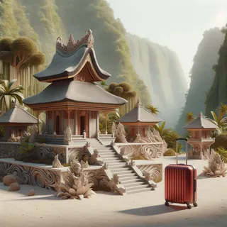 Фрагмент балийской архитектуры на фоне экзотического ландшафта с красным туристическим чемоданом на колесиках