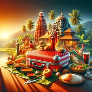 Максимально гиперреалистичный вид на культурные аспекты Керала, с красным туристическим чемоданом на переднем плане