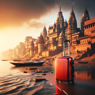 Кинематографическое изображение, показывающее Варанаси на берегу реки Ганг с красным туристическим чемоданом на колесиках, стоящим среди древних храмов, освещенных рассветом