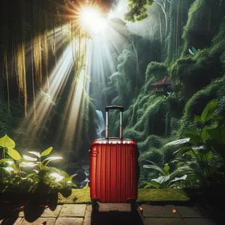 Красный туристический чемодан на колесиках, стоящий на фоне зелёных джунглей Бали с солнечными лучами, пробивающимися сквозь густую листву