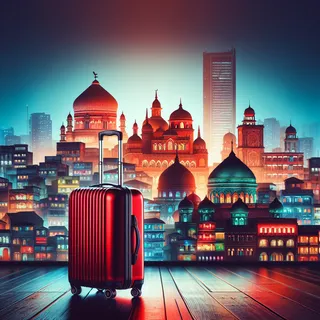 Реалистичное изображение высокого качества с кинематографической четкостью красного туристического чемодана на колесиках на фоне панорамного вида на оживленный городской пейзаж Индии или Шри-Ланки