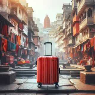 Изображение (не иллюстрация) только в очень реалистичном кинематографическом стиле. На изображении должен присутстовать красный туристический чемодан на колесиках. На изображении не должно быть людей.. Тема изображения: Харидвар (Haridwar): Путеводитель по древнему городу