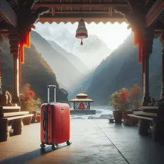 Изображение (не иллюстрация) только в очень реалистичном кинематографическом стиле. На изображении должен присутстовать красный туристический чемодан на колесиках. На изображении не должно быть людей.. Тема изображения: Сурканда Деви (Surkanda devi temple): место силы в Гималаях