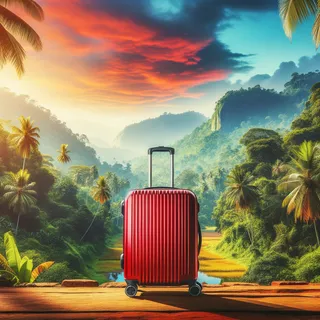 Красный туристический чемодан на колесах стоит на фоне экзотического пейзажа Шри-Ланки; яркие краски неба и зелени окружение создают атмосферу приключений, чемодан находится в центре композиции