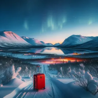 Национальный парк Абиску, засыпанный снегом, в окружении величественных гор, с красным туристическим чемоданом на колесиках, стоящим среди заснеженного ландшафта при вечернем свете, отражающем полярные сияния на небе